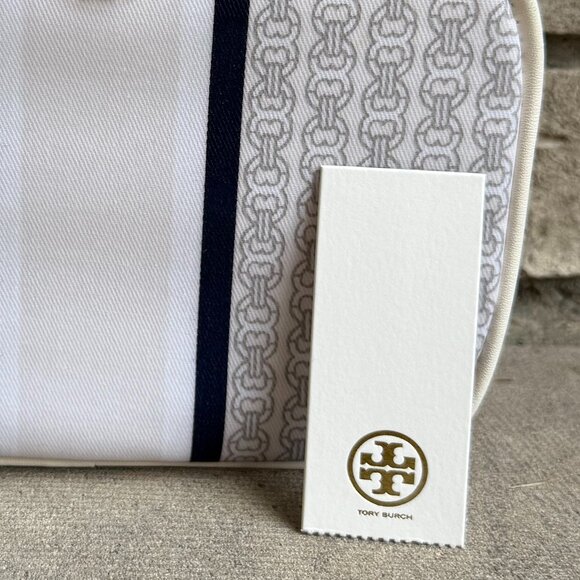 TORY BURCH GEMINI LINK COSMETIC CASE IVORY GEMINI LINK STRIPE 34399 New - Picture 12 of 13